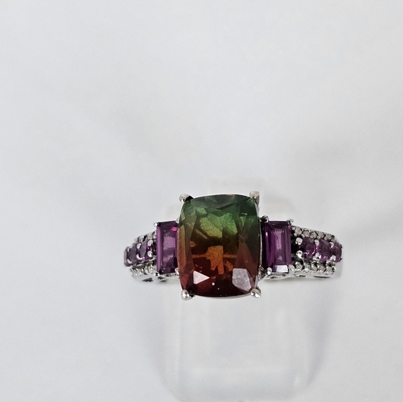 Genuine Watermelon Quartz & Rhodolite Garnet Ring Platinum/925 Sz 8! - Picture 4 of 14